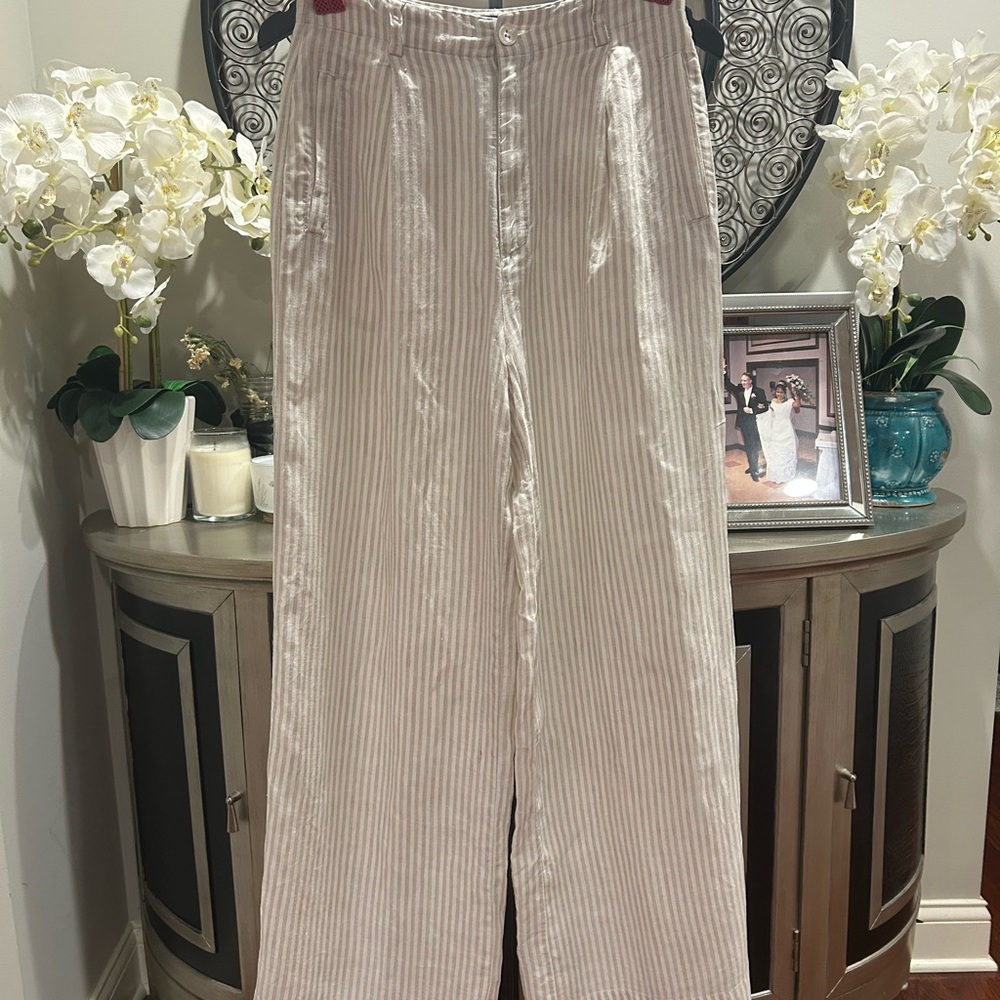 Wide-Leg linens Strip Pants - Light Taupe #140